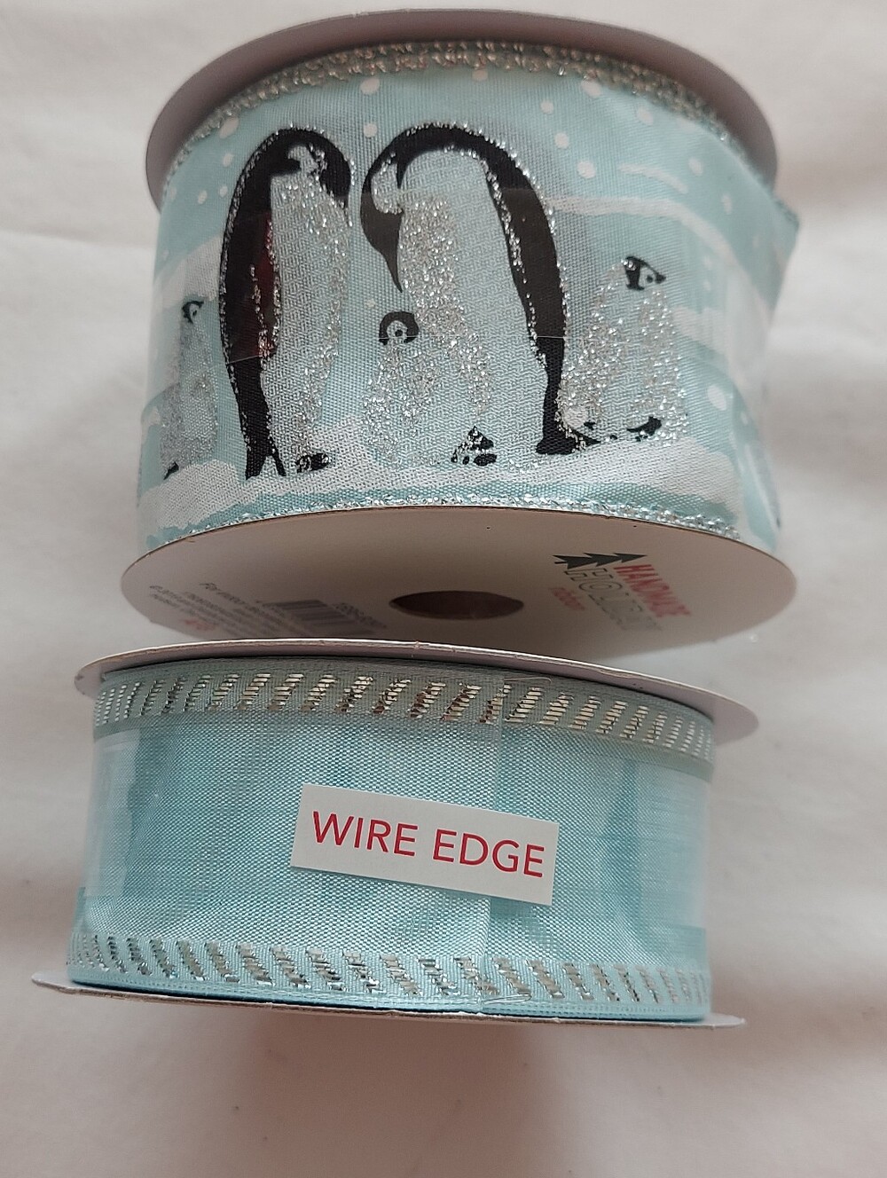 NWT--2 Rolls--Penguin Family Print & Solid--Light Teal--Wired Ribbon-see Details